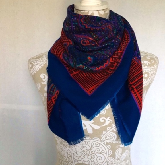 Vintage Accessories - Purple, Red Fringe Paisley Handkerchief Scarf